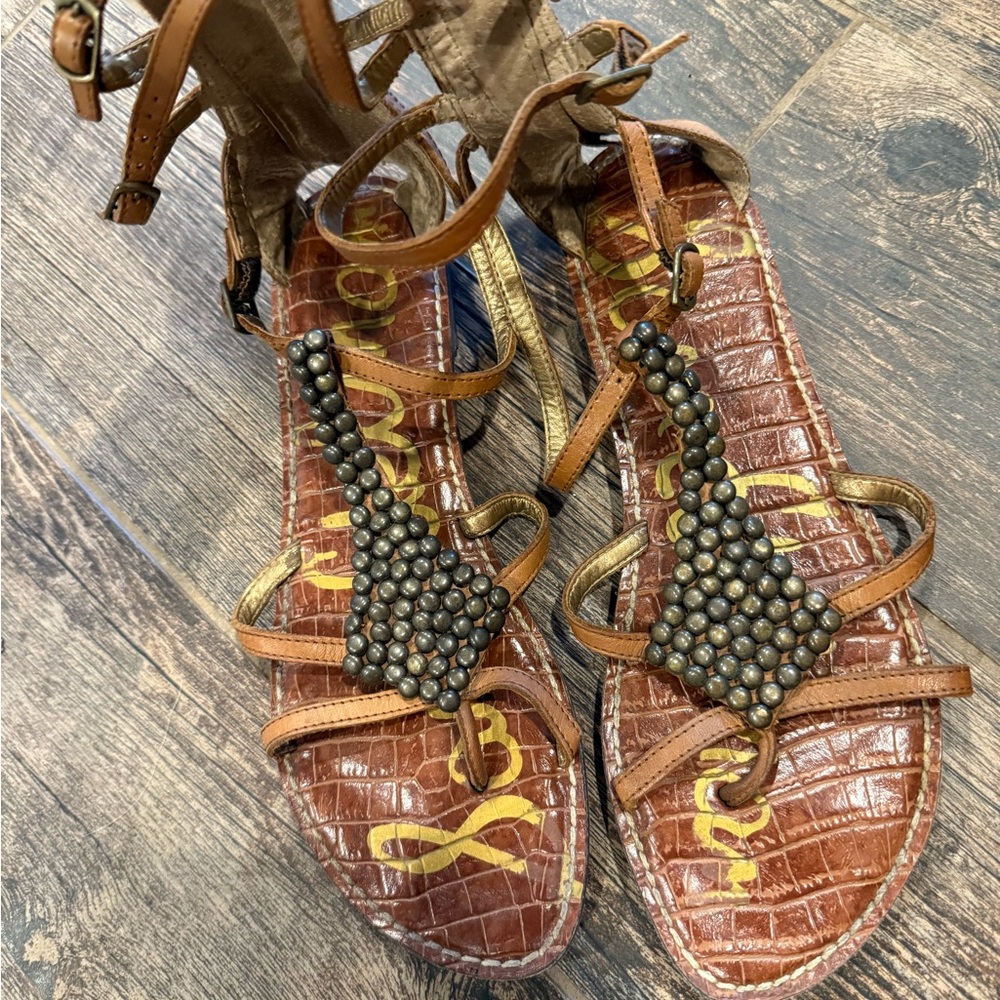 Sam Edelman Brown and Gold Beaded Sandals